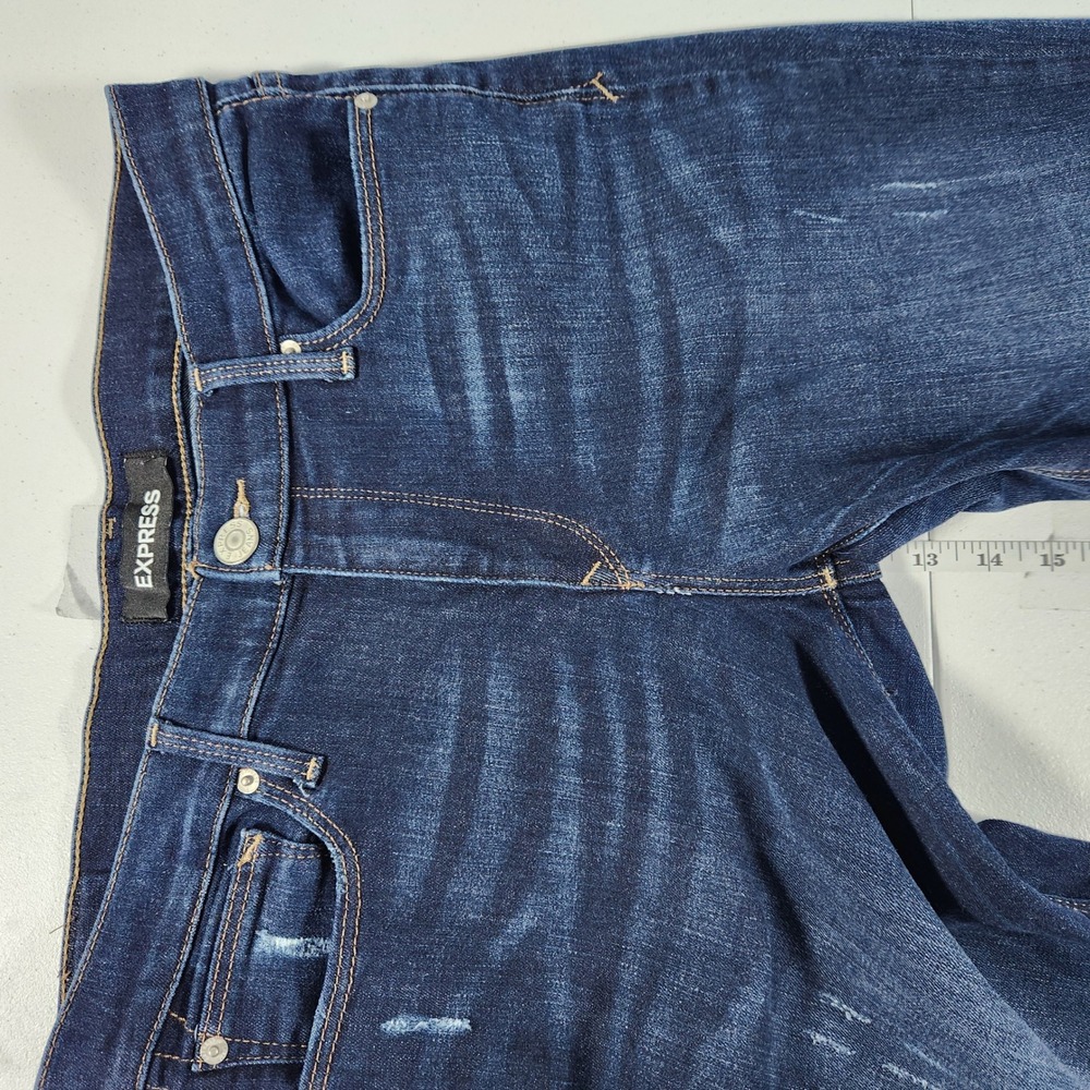 Express Super Skinny Mid Rise Distressed Jeans Dark Wash 10R Stretch Denim - Picture 5 of 10